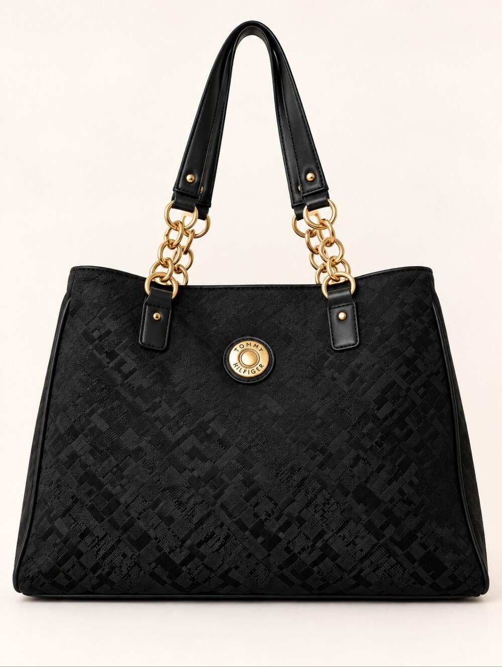 Tommy Hilfiger Black Signature Monogram Jacquard Chain Tote Bag